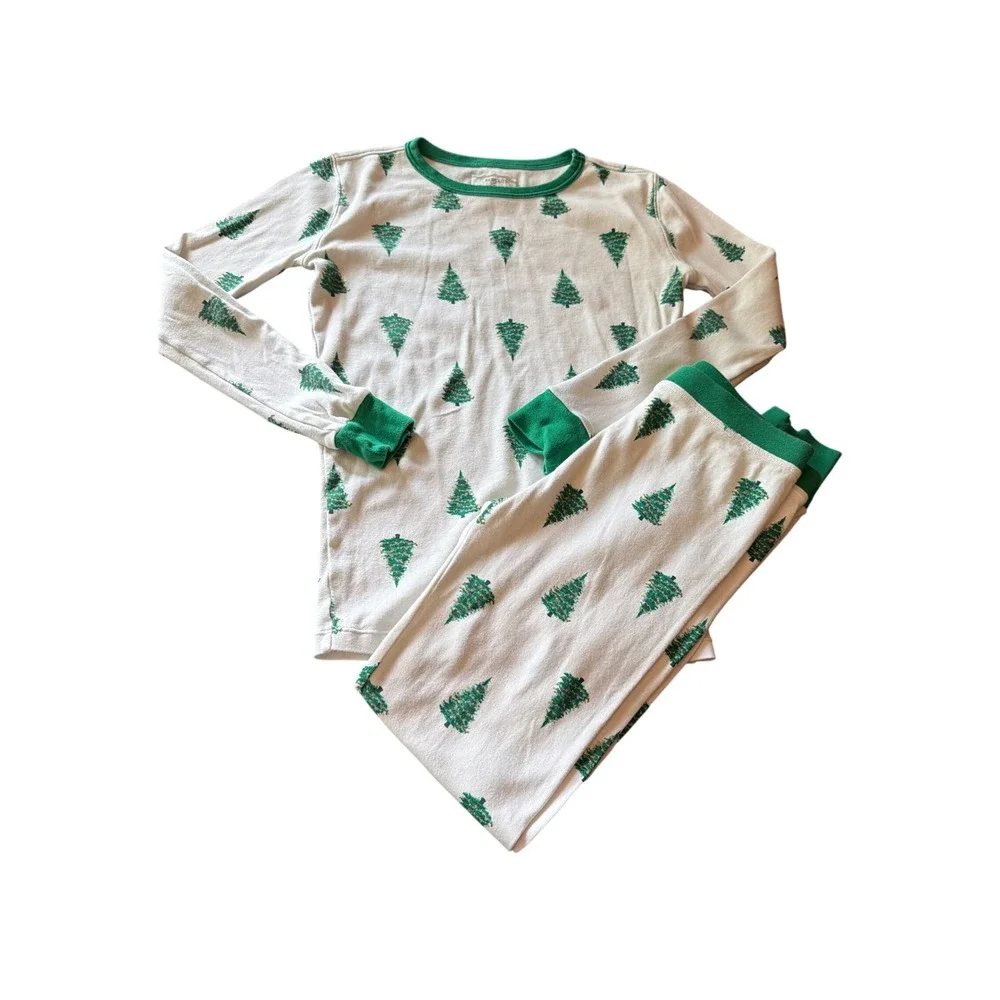 Crewcuts Pajama Set White Green Christmas Tree Holiday CM311 100% Cotton Size 12